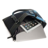 An open black corduroy 11"-14" tote w/padded compartment for Ultrabook, poly-fur lined pocket specifically for iPad or Tablet, Removable, adjustable shoulder strap