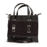 A black corduroy 11"-14" tote w/padded compartment for Ultrabook, poly-fur lined pocket specifically for iPad or Tablet, Removable, adjustable shoulder strap