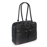 A black vegan leather 16" Verona Laptop laptop tote or briefcase w/ Padded poly-fur lined pockets for both laptop & tablet, Multiple pockets, Tartan cotton-twill lining, accessory organizer, 3 separate top zipper storage sections & Matching accessory clutch.