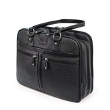 A black vegan leather 16" Verona Laptop laptop tote or briefcase w/ Padded poly-fur lined pockets for both laptop & tablet, Multiple pockets, Tartan cotton-twill lining, accessory organizer, 3 separate top zipper storage sections & Matching accessory clutch.