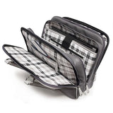 An open black vegan leather 16" Verona Laptop laptop tote or briefcase w/ Padded poly-fur lined pockets for both laptop & tablet, Multiple pockets, Tartan cotton-twill lining, accessory organizer, 3 separate top zipper storage sections & Matching accessory clutch.