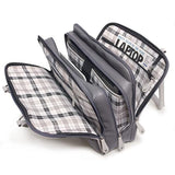 An opened black vegan leather 16" Verona Laptop laptop tote or briefcase w/ Padded poly-fur lined pockets for both laptop & tablet, Multiple pockets, Tartan cotton-twill lining, accessory organizer, 3 separate top zipper storage sections & Matching accessory clutch.