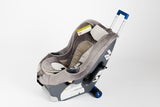 A Mini Travelmate solution attachment for convertible / toddler car seats, wide wheels & telescopic handle w/ baby car seat attached.