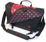 A black & red 16"-17" Sumo Messenger Bag w/ pockets, adjustable computer compartment for up to 16" PC or 17” MacBook Pro. Corduroy-lined adjustable computer compartment fits up to 17” laptops Interior pockets, Front & rear exterior hidden zipper pockets, 2 under flap pockets.