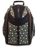 An Eco-Friendly women's 16" Eco-Friendly Express Backpack w/ white & pink dots on a green background, ergonomic straps & ventilated back panel & a protective computer compartment.