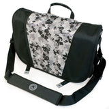 A black and silver 16"-17" Sumo Messenger Bag w/ pockets, adjustable computer compartment for up to 16" PC or 17” MacBook Pro. Corduroy-lined adjustable computer compartment fits up to 17” laptops Interior pockets, Front & rear exterior hidden zipper pockets, 2 under flap pockets.