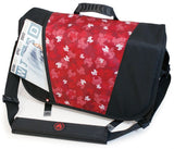 A black & red 16"-17" Sumo Messenger Bag w/ pockets, adjustable computer compartment for up to 16" PC or 17” MacBook Pro. Corduroy-lined adjustable computer compartment fits up to 17” laptops Interior pockets, Front & rear exterior hidden zipper pockets, 2 under flap pockets.