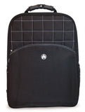A professional black 17" Sumo Traveler Laptop Backpack w/ white stitching, ballistic nylon w/ faux leather bottom & accents, Padded corduroy computer compartment fits up to 17” laptops, multiple pockets for accessories & files.