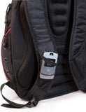 A back view of black 16"-17" EVO Laptop Backpack w/ red trim, sixteen interior & exterior pockets. Mesh padded back-panel & shoulder straps & ruggedized bottom panel.