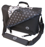 A black and silver 16"-17" Sumo Messenger Bag w/ pockets, adjustable computer compartment for up to 16" PC or 17” MacBook Pro. Corduroy-lined adjustable computer compartment fits up to 17” laptops Interior pockets, Front & rear exterior hidden zipper pockets, 2 under flap pockets.