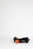 This is a Travelmate Deluxe universal Infant/Toddler travel stroller with a seat adaptor with a strap for Infant Seats. It has smooth 6" rear polyurethane razor wheels and swivel wheels in the front. It also has a hands free foot brake feature.