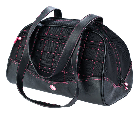 A black duffel with pink stitching made with premium ballistic nylon with faux-leather detail and interior pockets for wallet, pens and phone. Soft faux-leather shoulder straps, quilted design and printed interior lining.