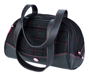 A black duffel with pink stitching made with premium ballistic nylon with faux-leather detail and interior pockets for wallet, pens and phone. Soft faux-leather shoulder straps, quilted design and printed interior lining.