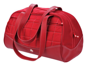 A red duffel with white stitching made with premium ballistic nylon with faux-leather detail and interior pockets for wallet, pens and phone. Soft faux-leather shoulder straps, quilted design and printed interior lining.