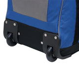 Bottom of Blue & Grey Rolling Duffle Bag 22" w/ in-line blade wheels & large storage space