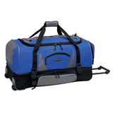 Blue & grey 30" Adventure 2-Section Drop-Bottom Rolling Duffel Bag, In-line blade wheels, telescopic handle & drop bottom 