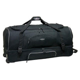 A Black 36" Adventure 2-Section Drop Bottom Rolling Duffel Bag. In-line blade wheels, telescopic handle & Shoe pocket. 