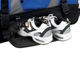 Athletic shoes in a Blue & grey 36" Adventure 2-Section Drop Bottom Rolling Duffel Bag. In-line blade wheels, telescopic handle & Shoe pocket. 