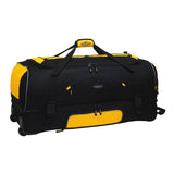Black & yellow 36" Adventure 2-Section Drop Bottom Rolling Duffel Bag. In-line blade wheels, telescopic handle & Shoe pocket. 