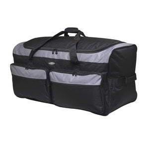 A black & silver 3 wheel collapsable & expandable rolling duffel.