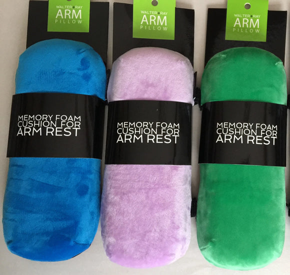 4 colors of armpillow V2 made w/memory foam and soft velour arm rests for airplane seats.