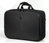 A black high density nylon 17" Alienware Vindicator 2.0 Laptop Briefcase w/ alien logo, padded tablet pocket, padded laptop compartment, removable non-slip padded shoulder strap & top load nylon carrying handles
