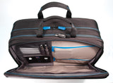 An open back view of black 1680D Ballistic Nylon 15" Alienware Vindicator 2.0 Laptop Briefcase w/ storage for your laptop, tablet, documents & accessories & removable non-slip padded shoulder strap.