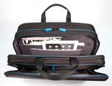 An open black high density nylon 17" Alienware Vindicator 2.0 Laptop Briefcase w/ alien logo, padded tablet pocket, padded laptop compartment, removable non-slip padded shoulder strap & top load nylon carrying handles