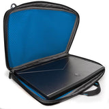 An open black 13"-14" Alienware Vindicator slim laptop carrying case w/alien logo & black, padded shoulder strap.
