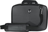 A black 13"-14" Alienware Vindicator slim laptop carrying case w/alien logo & black, padded shoulder strap.