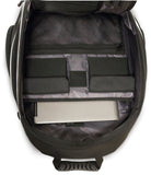An opened 16" Express Laptop Backpack 2.0 w/ mesh pockets & silver trim. Padded laptop or tablet pockets & multiple pockets inside showing tablet.