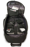 An open 16" Express Laptop Backpack 2.0 w/ mesh pockets & silver trim. Padded laptop or tablet pockets & multiple pockets inside showing pens, tablet, cards & flash drives.