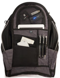 An opened 16" Express Laptop Backpack 2.0 w/ mesh pockets & silver trim. Padded laptop or tablet pockets & multiple pockets inside showing pens, tablet, cards & flash drives.