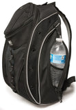 A black w/ silver 16" Express Laptop Backpack 2.0 w/ mesh pockets & silver trim. Padded pockets inside for laptop or tablet, multiple pockets inside & a water bottle in exterior pocket.