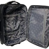 An open view of 6-piece softside Sky View Expandable Luggage Value Set w/ push-button recessed locking handle system, fully-lined interior, In-line blade wheels & 2 front accessory pockets. Set includes three pieces of luggage that are 28", 24" and 20",  a 16" boarding tote, 11” travel kit, and 16” drawstring shoe bag.