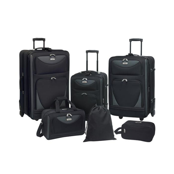 A black 6-piece softside Sky View Expandable Luggage Value Set w/ push-button recessed locking handle system, fully-lined interior, In-line blade wheels & 2 front accessory pockets. Set includes three pieces of luggage that are 28