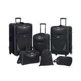 A black 6-piece softside Sky View Expandable Luggage Value Set w/ push-button recessed locking handle system, fully-lined interior, In-line blade wheels & 2 front accessory pockets. Set includes three pieces of luggage that are 28", 24" and 20",  a 16" boarding tote, 11” travel kit, and 16” drawstring shoe bag.