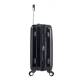 side view of black 20" Chicago Hardside Expandable Spinner Carry-On luggage w/ double spinner wheels, top corner guards & telescopic push-button trolley handle, fully-lined interior w/ elastic tie straps & zippered garment divider.