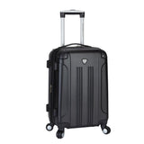A black 20" Chicago Hardside Expandable Spinner Carry-On luggage w/ double spinner wheels, top corner guards & telescopic push-button trolley handle, fully-lined interior w/ elastic tie straps & zippered garment divider.