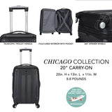 A blue 20" hardside carry-on luggage with double spinner wheels, top corner guards and telescopic push-button trolley handle. It has a fully-lined interior with elastic tie straps and zippered garment divider to segregate clothing. 