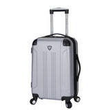 A silver 20" Chicago Hardside Expandable Spinner Carry-On luggage w/ double spinner wheels, top corner guards & telescopic push-button trolley handle, fully-lined interior w/ elastic tie straps & zippered garment divider.