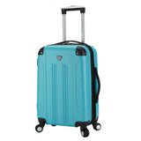 A teal 20" Chicago Hardside Expandable Spinner Carry-On luggage w/ double spinner wheels, top corner guards & telescopic push-button trolley handle, fully-lined interior w/ elastic tie straps & zippered garment divider.