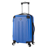 A blue 20" Chicago Hardside Expandable Spinner Carry-On luggage w/ double spinner wheels, top corner guards & telescopic push-button trolley handle, fully-lined interior w/ elastic tie straps & zippered garment divider.