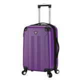 A purple 20" Chicago Hardside Expandable Spinner Carry-On luggage w/ double spinner wheels, top corner guards & telescopic push-button trolley handle, fully-lined interior w/ elastic tie straps & zippered garment divider.