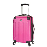 A fuchsia 20" Chicago Hardside Expandable Spinner Carry-On luggage w/ double spinner wheels, top corner guards & telescopic push-button trolley handle, fully-lined interior w/ elastic tie straps & zippered garment divider.