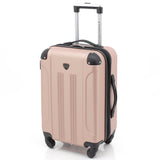 A rose gold 20" Chicago Hardside Expandable Spinner Carry-On luggage w/ double spinner wheels, top corner guards & telescopic push-button trolley handle, fully-lined interior w/ elastic tie straps & zippered garment divider.