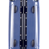 Hinge view of blue 20" Luna Aluminum Frame Rolling Carry-On w/ telescopic handle, Fully-lined interior, zippered accessory pockets, Multi-directional 8-wheel spinners, Double mounted TSA locks.