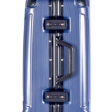Side view of blue 20" Luna Aluminum Frame Rolling Carry-On w/ telescopic handle, Fully-lined interior, zippered accessory pockets, Multi-directional 8-wheel spinners, Double mounted TSA locks.