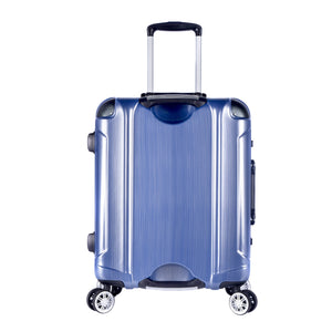 A blue 20" Luna Aluminum Frame Rolling Carry-On w/ telescopic handle, Fully-lined interior, zippered accessory pockets, Multi-directional 8-wheel spinners, Double mounted TSA locks.