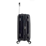 Side view of black 2 pc Chicago Expandable Spinner Luggage Set w/  (8) double-spinner wheel system, accessory pockets, corner bumper guards & Telescopic push-button trolley handle. 